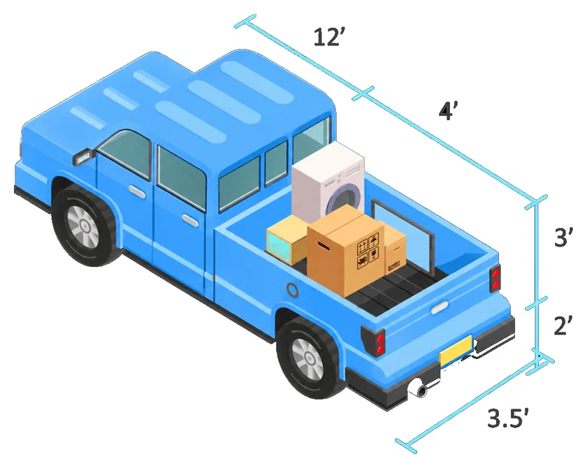 4x4 Pickup cargo box: 4 ft L x 3.5 ft W x 3 ft H (open bed)